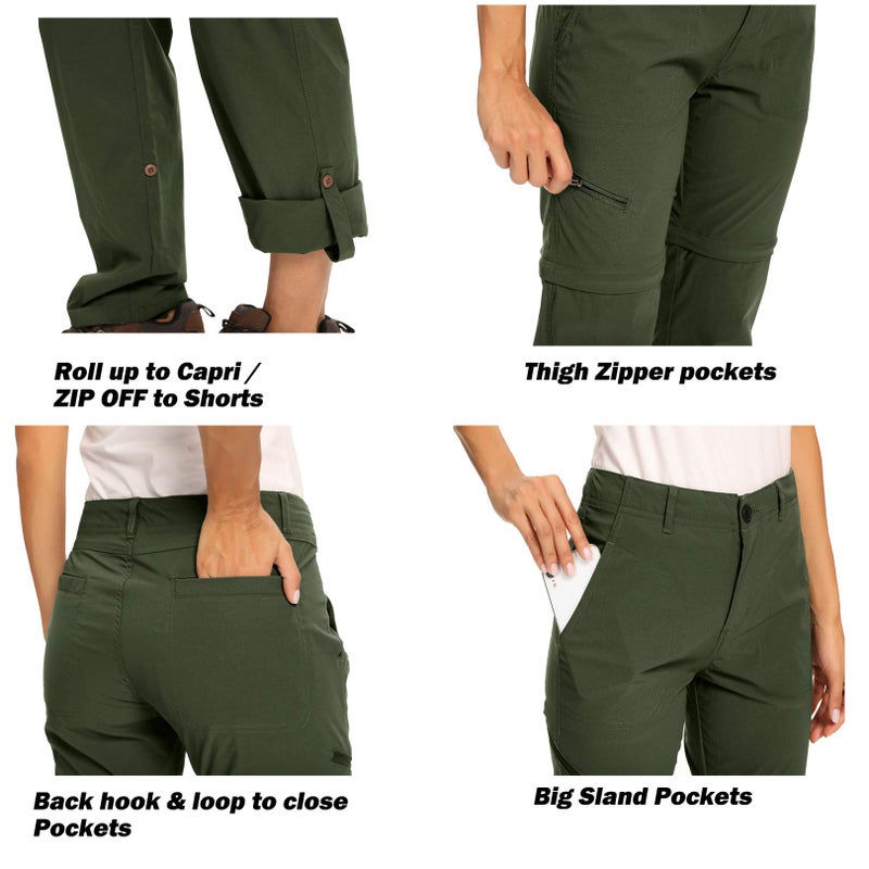 Toomett Women's Hiking Pants Convertible Quick Dry Stretch Lightweight Zip-Off Outdoor Pants Safari Clothes with 5 Deep Pockets,2192,Army, 10 - Image 5